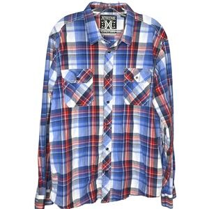 XTREME COUTURE XL Mens Plaid Long Sleeve Button Up Shirt Red‎ Blue White